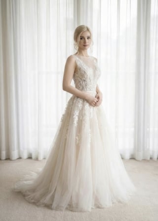 002-Soft-A-Line_Deep-V-Neck_Sleeveless_Champagne-Underlay_Floral-Lace-asian-bridal-hire