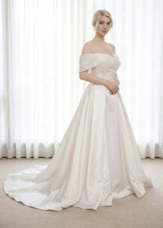 008-Dramatic-A-Line_Off-Shoulder_Satin_Lace-Trim-Cuff-asian-bridal-hire