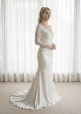 013-Mermaid_Long-Sleeve_Illusion-Deep-V_Lace-Bodice_Crepe-Skirt-asian-bridal-hire