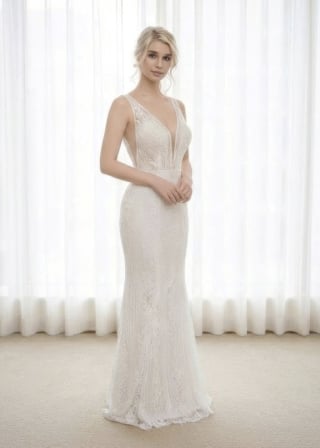 014-Sheath_Sleeveless_Plunging-V-Neck_Illusion-Bodice_Lace-asian-bridal-hire