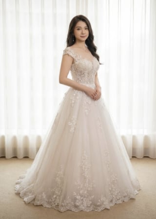 021-Dramatic-A-Line_Illusion-Cap-Sleeve_Lace-Bodice_Tulle-Skirt-asian-bridal-hire