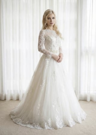 022-Soft-A-Line_Long-Sleeve_Illusion-High-Neck_Lace-Overlay_Scattered-Lace-Skirt-asian-bridal-hire