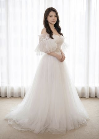 024-Soft-A-Line_Off-Shoulder_Puffy-Tulle-Sleeves_Corset-Bodice_Dotted-Tulle-asian-bridal-hire