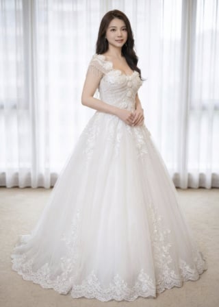 032-Dramatic-A-Line_Cap-Sleeve_Beaded-Tassel-Shoulder_Lace-Hem-asian-bridal-hire