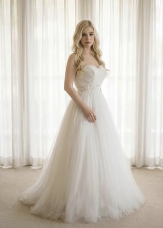 031-Soft-A-Line_Off-Shoulder_Ruched-Bodice_Rosette-Hem-asian-bridal-hire