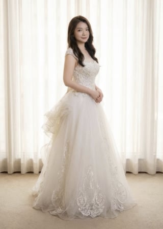 037-Soft-A-Line_Cap-Sleeve_Illusion-Neck_Ruffled-Bustle-Back-asian-bridal-hire