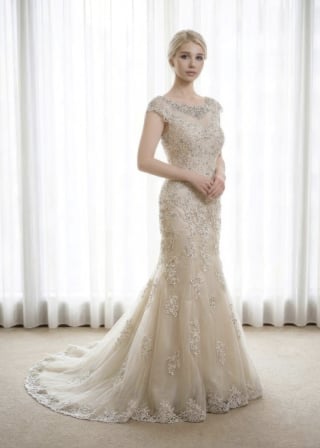 013-Mermaid_Long-Sleeve_Illusion-Deep-V_Lace-Bodice_Crepe-Skirt-asian-bridal-hire