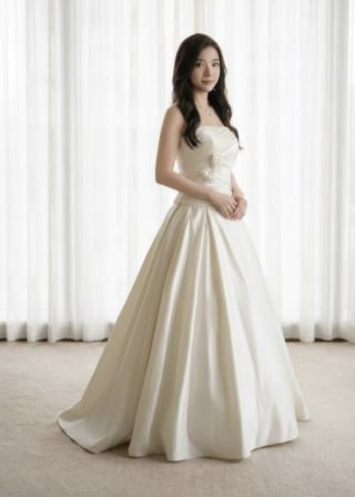 059-Dramatic-A-Line_Strapless-Satin_Pleated-Bodice_Waist-Bow-Detail-asian-bridal-hire