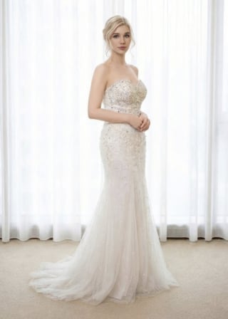 067-Mermaid_Cap-Sleeve_V-Neck_Beaded-Belt_Lace-Hem-asian-bridal-hire