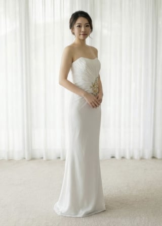 074-Sheath_Strapless_Ruched-Bodice_Gold-Jeweled-Waist-asian-bridal-hire