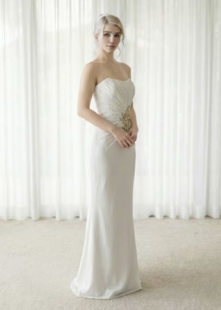 074-Sheath_Strapless_Ruched-Bodice_Gold-Jeweled-Waist-asian-bridal-hire