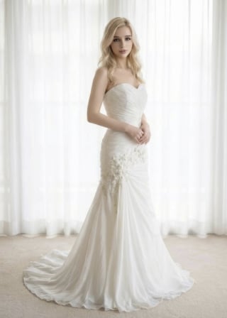 077-Trumpet_Strapless-Sweetheart_Asymmetrical-Ruching_Floral-Hip-Detail-asian-bridal-hire