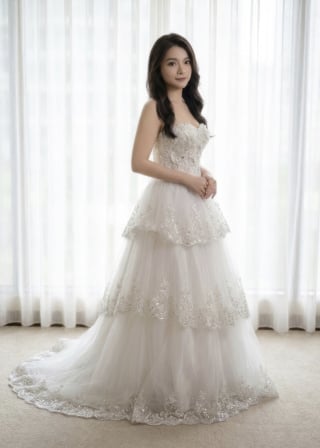 084-Soft-A-Line_Strapless_Floral-Beaded-Bodice_Tiered-Tulle-Skirt-asian-bridal-hire