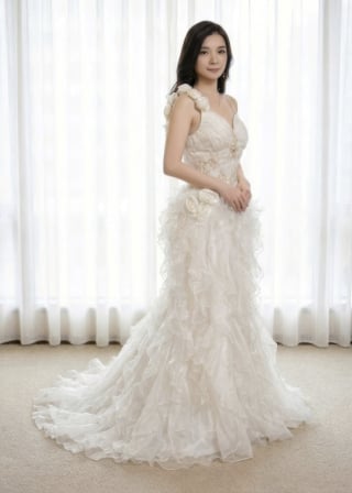 096-Mermaid_Floral-Strap_3D-Rosette-Detail_Ruffled-Skirt-asian-bridal-hire