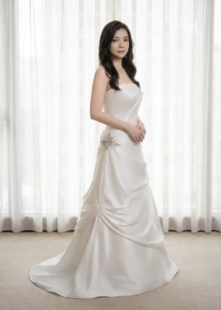 099-Soft-A-Line_Strapless-Satin_Asymmetrical-Drape_Crystal-Hip-Detail-asian-bridal-hire