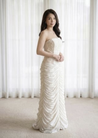 107-Sheath_Strapless_Textured-Beaded-Bodice_Ruched-Crinkle-Fabric-asian-bridal-hire