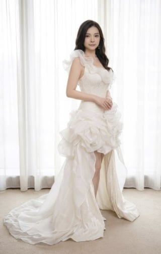 108-Soft-A-Line_One-Shoulder_Ruffled-Strap_High-Low-Hem_Cascading-Ruffles-asian-bridal-hire